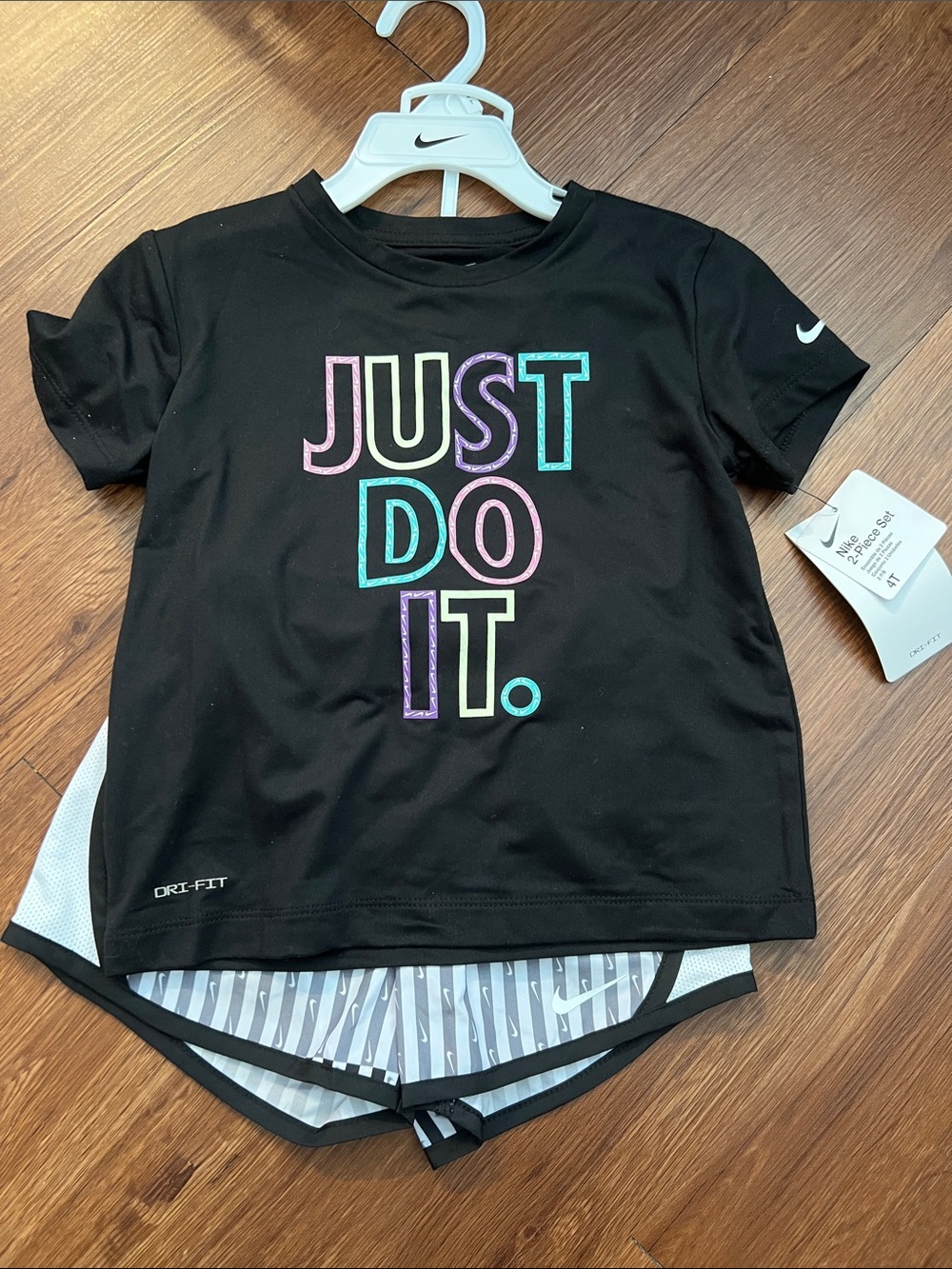 Nike Black Girls' Tee with Pastel Multicolor 'JUST DO IT.' Logo and shorts set